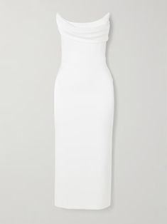 ALEX PERRY Strapless draped satin-crepe midi dress | NET-A-PORTER Pre-draped Knee-length Evening Midi Dress, Pre-draped Satin Dresses With Draped Sleeves, Chic Satin Ruched Bodycon Dress, Chic Ruched Satin Bodycon Dress, Wedding Midi Dress With Ruched Bodice, Satin Ruched Midi Slip Dress, White Draped Dress With Draped Sleeves, Ruched Satin Midi Slip Dress, Midi-length Ruched Satin Slip Dress