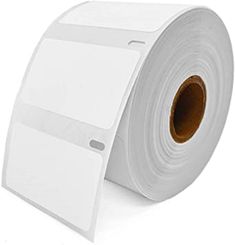 a roll of white paper on top of a white surface with an adhesivee sticker