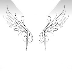 two black and white angel wings with swirls on them, against a white background