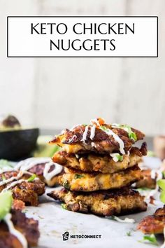 the keto chicken nuggets are stacked on top of each other