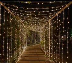 an outdoor walkway covered in white lights and string lights on the sides, along with greenery