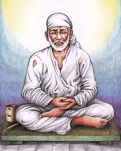 an old man sitting on the floor with his hands folded in front of him and wearing white