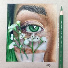 a pencil drawing of an eye with flowers in the pot and green eyeshade