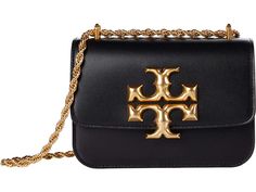 Tory Burch Eleanor Small Convertible Shoulder Bag - Handbags : Black : Make brunch a stylish feast with your friends when you show up with the fancy smooth leather Tory Burch Eleanor Small Convertible Shoulder Bag featuring a chain shoulder bag. Flap with magnet closure and signature double T detail at front. Leather lining features an interior zip and slip pocket. Imported. Measurements: Bottom Width: 7 in Depth: 3 in Height: 5 in Strap Length: 44 in Strap Drop: 12 in Weight: 1 lb 6 oz Elegant Shoulder Bag With Metal Logo For Travel, Elegant Crossbody Shoulder Bag With Metal Logo, Formal Tan Shoulder Bag With Chain Strap, Chic Tan Shoulder Bag With Chain Strap, Small Shoulder Bag Outfit, Tory Burch Eleanor Bag, Tory Burch Fleming Bag, Shoulder Bag Aesthetic, Shoulder Bag Outfit