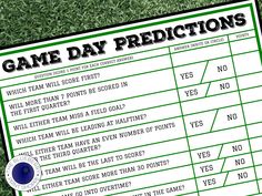 a game day predictions sheet on the grass