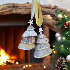 three seashells hanging from a christmas tree