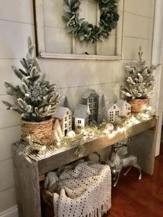 Snowy Christmas Mantle Decor, Multi Tree Christmas Display, Fireplace Greenery Decor, Christmas Decor For Farmhouse, Christmas Tree Farm Table Decor, Farmhouse Boho Christmas Decor, Christmas Decor Ideas Entertainment Center, Farmhouse Christmas Tv Stand Decor, Christmas Decor On Shelf