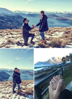 two people holding hands on top of a mountain