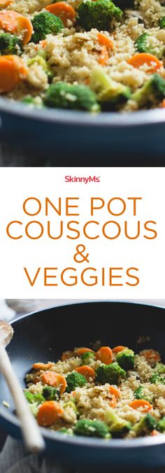 one pot couscous and veggies in a skillet with the title above it