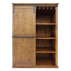 an open wooden cabinet with sliding doors on the front and bottom shelves, along with metal handles