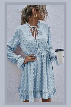 Swiss dot long sleeve dress. Light weight woven fabric shapes this dress with notched neckline, ruffled mock neckline, long sleeve with flared cuffs, fitted waist and flared skirt with mini ruffle hem. Model is wearing size small. #fashion #onlineshopping #style #womenstyle #women #fashionstyle #fashionblogger #fashionista #instafashion #ootd #shopping #womenswear #womenwear #womenclothing #dresses #clothing #trending #dress Blue Dress Casual Long Sleeve, Light Blue Mini Dress With Booties, Cheap Light Blue Long Sleeve Mini Dress, Cheap Light Wash Long Sleeve Dresses, Baby Blue Dress Long Sleeves, Long Sleeve Dress Casual Blue, Cheap Long Sleeve Dresses For Play, Cheap Light Blue Dresses With Buttons, Chiffon Shirt Dress