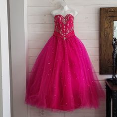 Dress Fuchsia New With Tags Fiesta Brand Pink Pageant Dress For Quinceanera During Prom Season, Pink Gown For Pageant During Prom Season, Pink Ball Gown For Pageant During Prom Season, Pink Pageant Dress For Prom Season, Pink Dress For Pageant And Prom Season, Pink Tulle Evening Dress For Pageant, Pink Tulle Evening Dress For Pageants, Pink Dress For Prom Season Pageant, Pink Evening Dress With Fitted Bodice For Quinceanera