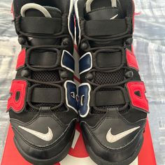 Pre-Owned Pair Of Men’s Nike Air More Uptempo ‘96. Size Is 9.5. Colors Are Black With Red And Blue. Nike Air More Uptempo 96, Uptempo 96, Nike Air More Uptempo, Nike Air More, Shoes Nike Air, Shoes Nike, Nike Men, Nike Shoes, Red And Blue