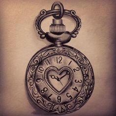 a drawing of a pocket watch with a heart in the center