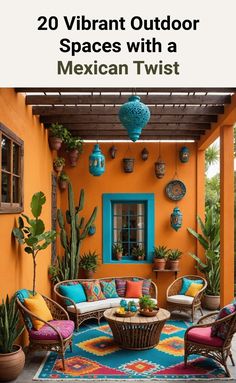 an outdoor living room with colorful furniture and potted plants on the outside patio area