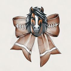 a drawing of a horse with a football on it's head and a ribbon around its neck