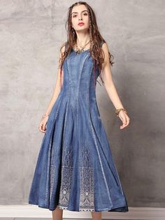 2019 Summer New Vintage Embroidery Denim Dress - rrdeye Denim Long Dress, Vestiti In Jeans, Denim Dresses Online, Long Denim Dress, Embroidery Denim, Denim Jean Dress, Denim Tunic, Denim Maxi Dress, Flowy Design