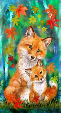 a painting of two foxes sitting next to each other in the grass with autumn leaves around them