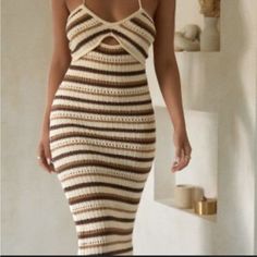 Fashionnova Brown Tan Striped Crocheted Knit Bodycon Halter Midi Dress Size Medium Nwt Brand New With Tags. Never Been Worn. Fall Fashion Form Fitting New To Poshmark? Signup Using Code Ericat1123 For $10 Off Your First Purchase! Chic Beige Bodycon Beach Dress, Chic Beige Bodycon Dress For Beach, Casual Knit Beige Bodycon Dress, Beach Beige Knit Midi Dress, Fitted Beige Knit Crochet Dress, Fitted Beige Crochet Knit Dress, Casual Beige Knit Bodycon Dress, Beige Knit Bodycon Dress, Fitted Beige Crochet Dress With V-neck