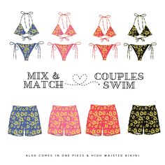 Matching Couples Swimwear Check out each item out separately  Mens UPF 50+ Swim Shorts - XXS-6XL Quick-drying and breathable, multiple pockets for your belongings, and feature a silky, anti-chafe inner liner.  * Four-way stretch water-repellent microfiber fabric * Anti-chafe mesh inner liner * Elastic waistband with drawcord * Mesh pockets * Small inside pocket for valuables * UPF 50+ * Fabric composition:  91% recycled polyester, 9% spandex * Liner composition: 92% polyester, 8% spandex 2. WOMEN'S Recycled String Bikini XXS-6XL Made from soft recycled polyester with double-layering and UPF 50+.  Style the straps how you like, and get ready to swim!  * Soft and stretchy material with UPF 50+ * Bikini top comes with removable padding for comfort * Multiple ways to tie and style the bikini s Couples Swimsuits, Couples Swimwear, Flower Swimwear, Honeymoon Couples, Matching Swimwear, Popular Sports, Tropical Flower, Mens Swim Trunks, Matching Couples