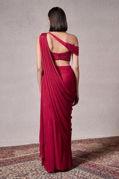 Red crepe georgette pre-draped saree with sequins hand embellishments. Comes with a padded blouse. - Aza Fashions Red Georgette Pre-draped Saree With Intricate Embroidery, Red Pre-draped Saree With Embroidered Border, Red Embellished Georgette Pre-draped Saree, Red Embroidered Pre-draped Georgette Saree, Red Pre-draped Saree With Printed Border, Formal Pre-draped Draped Blouse, Drape Saree, Aza Fashion, Blouses For Women