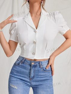 Free Returns ✓ Free Shipping✓. SHEIN EZwear Summer White Lapel Collar Puff Sleeve Button Up Blouse- Women Blouses at SHEIN. Polo Crop Top, Korean Top, Going Out Shirts, Fashion Design Dress, Summer White, Elegant Shirt, Shein Tops, Summer Fashion Outfits, Slim Fit Shirt