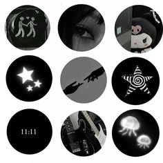 six black and white circles with images of people, animals, and stars on them