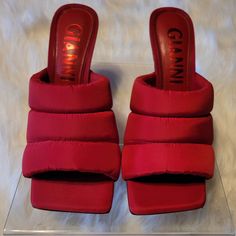 Brand New, Excellent Condition Approx. Heel Height- 4 Inches Spring Open Toe Nylon Sandals, Spring Nylon Open Toe Sandals, Spring Heels With Padded Ankle In Synthetic, Red Fabric Party Heels, Red Fabric Open Toe Heels, Casual Red Fabric Heels, Red Fabric Heels With Round Toe, Red Fabric Heels For Spring, Square Toe Sandals