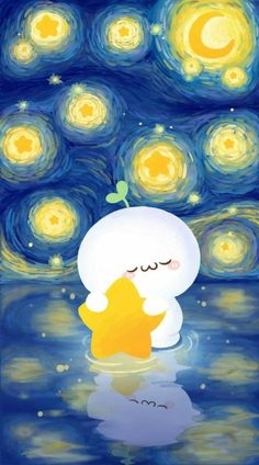 an image of a cartoon character floating in the water with stars and moon lights above