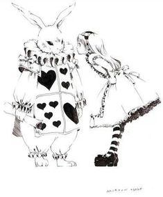 an ink drawing of two rabbits dressed up as alice and the rabbit with hearts on their chest