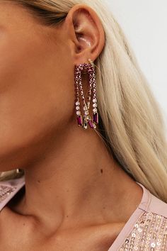 - Give your look a luxe feeling with these gorgeous earrings!
 - Featuring gold earrings with fuchsia and pink rhinestones in a fountain design 
 - Length: 2.5" Fountain Design, Pink Rhinestones, Women Clothing Boutique, Gorgeous Earrings, Online Womens Clothing, Boutique Clothing, Ring Sets, Gold Earrings, Clothes For Women