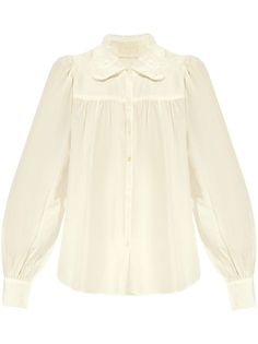 Pristine white cotton gathered detailing broderie anglaise club collar front button fastening balloon sleeves buttoned cuffs curved hem Yoko London, City Dress, Satin Blouse, Summer Beach Wear, Chiffon Blouse, Balloon Sleeves, Ulla Johnson, Silk Blouse, White Cotton