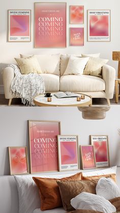 two pictures of a living room with couches, pillows and posters on the wall