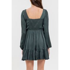 Step into elegance with the August Sky Women's Square Neck Ruffle Trim Mini Dress! Featuring a flattering square neckline with delicate ruffle details and long, flowy bishop sleeves, this dress brings a perfect mix of charm and sophistication. The ruched bust and smocked back bodice create a figure-flattering fit, while the elevated hemline adds a playful touch. Crafted from luxurious satin-like fabric, this unlined dress feels dreamy without stretch. Pair it with your favorite heels for an elev Chic Puff Sleeve Dress With Ruffles And Square Neck, Elegant Puff Sleeve Dress With Square Neck And Ruffles, Chic Flowy Puff Sleeve Dress With Square Neck, Flowy Elegant Mini Dress With Square Neck, Elegant Flowy Mini Dress With Square Neck, Elegant Flowy Puff Sleeve Dress With Square Neck, Chic Long Sleeve Square Neck Dress For Spring, Long Sleeve Ruffled Peasant Dress For Brunch, Square Neck Ruffle Hem Dress For Date Night