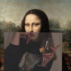 a woman holding a wine glass in her right hand and looking at the camera with an artistic background