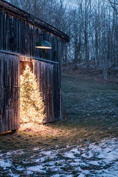 a small christmas tree is lit up in front of a barn with snow on the ground