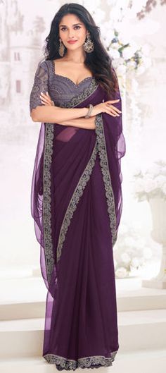 Purple and Violet color Saree in Chiffon fabric with Embroidered, Sequence, Thread work Purple Georgette Blouse With Intricate Embroidery, Purple Intricate Embroidered Georgette Fabric, Purple Embroidered Georgette Fabric Saree, Elegant Purple Georgette Embroidered Fabric, Elegant Purple Embroidered Georgette Fabric, Semi-stitched Chiffon Blouse Piece For Wedding, Wedding Blouse Piece With Zari Work On Chiffon, Wedding Chiffon Blouse With Resham Embroidery, Wedding Chiffon Blouse Piece With Dupatta