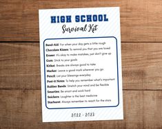 a high school survival kit on a wooden table with the instructions for how to use it