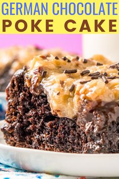 german chocolate poke cake on a plate with a glass of milk in the background and text overlay