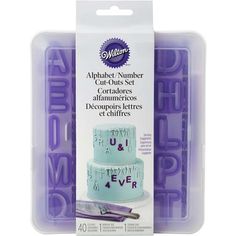 a package of cake decorating tools with purple lettering on the front and blue letters on the back