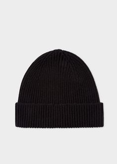 Paul Smith Men's Black Cashmere-Blend Beanie Hat Classic Black Wool Beanie, Black Wool Beanie Cap, Classic Fitted Wool Beanie, Black Beanie With Short Brim For Winter, Black Wool Beanie For Winter, Classic Merino Wool Hats For Winter, Classic Wool Beanie Hat, Black Wool Beanie For Fall, Black Ribbed Beanie For Fall