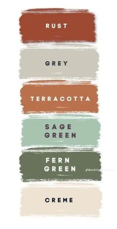 four different colors of paint with the words rust, grey, terracotta, sage green and fern green