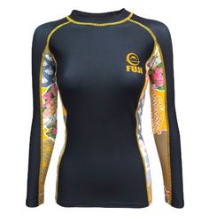 a women's long sleeved top with flowers on the sleeves and yellow trims