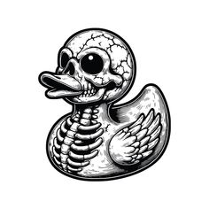 a black and white drawing of a skeleton duck with its head turned to the side