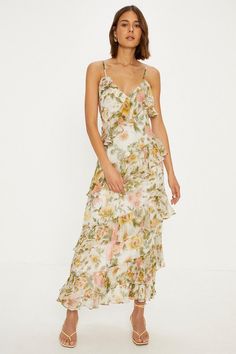 Discover a dress for all occasions and reach for it on repeat. With delicate lace trims, feminine prints and flattering silhouettes, find your perfect style to take you from day to night. From versatile midis to maxi and mini lengths, your perfect dress is only a click away. Style: Soft Floral Asymmetric Ruffle Strappy Midi Dress. Ideal for: Occasion. Design: Ruffle. Model wears size UK 10 and is 5' 9" tall. Uk Wedding Guest Outfit, Wedding Guest Dress Uk, Country Club Wedding Guest Outfit, Floral Bridesmaids Dress, Floral Wedding Guest Dress, Formal Dress Floral, Welcome Cocktail, Dress Code For Women, Floral Bridesmaids