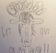 a drawing of a cow with the words get out of my head