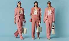 three women in pink suits and white purses are standing on a blue background while one woman is holding a handbag