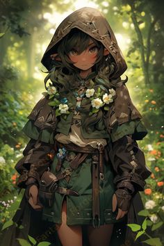 an anime character in a forest with flowers on her head and hood over her shoulders