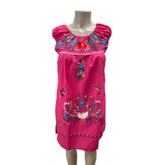 Gorgeous Mexican Dress With Multicolor Floral Embroidery Made By Hand! Elastic Neckline And Sleeves, Super Cute Off-Shoulder Style! Design And Color Of Embroidery May Vary With Every Dress. The Photos Of The Model Are To Show How It Looks On. The Black Dress Is The Same Style. Pink Floral Embroidered Knee-length Mini Dress, Summer Pink Embroidered Dress With Intricate Embroidery, Knee-length Dresses With Multicolor Embroidery, Embroidered Knee-length Vacation Dress, Embroidered Multicolor Mini Dress, Pink Beach Dress With Embroidered Hem, Embroidered Dresses For Spring Fiesta, Spring Fiesta Dress With Embroidered Neckline, Summer Pink Dress With Embroidered Neckline