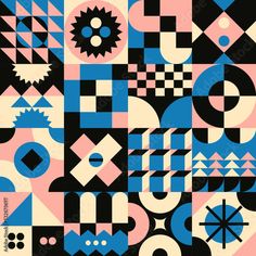 an abstract design with geometric shapes and colors on it's surface, including blue, pink